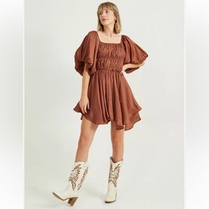 Altar’d State Shimmer Brown Soleil Puff Sleeve Dress Medium